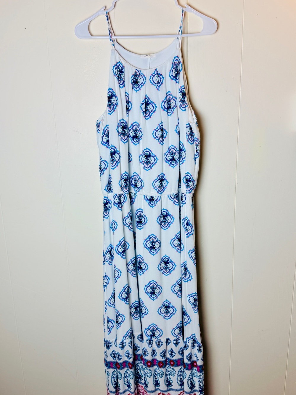 Maurices White Maxi Dress with Blue Medallion Print